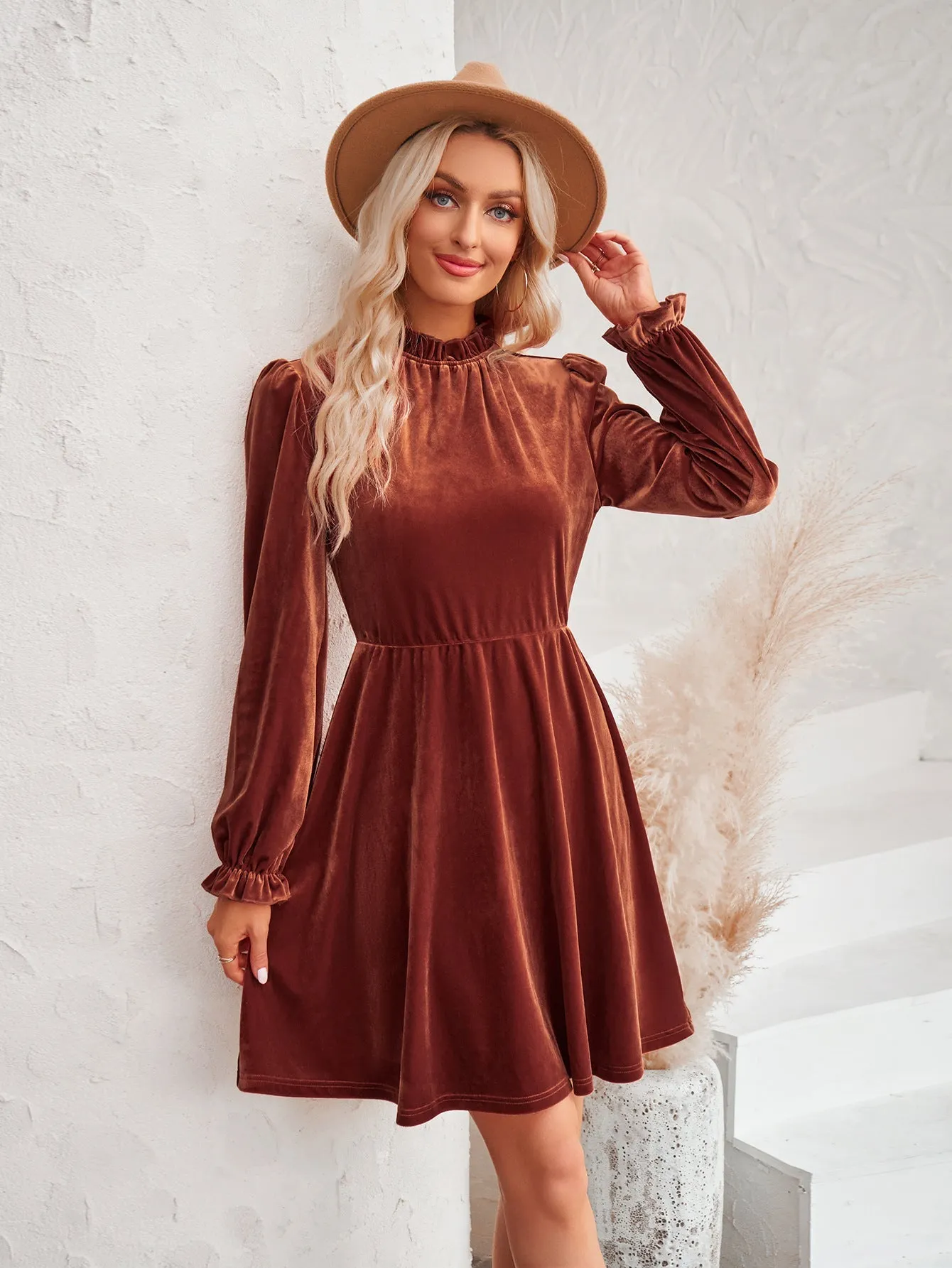 High collar velvet waisted lantern sleeve retro dress