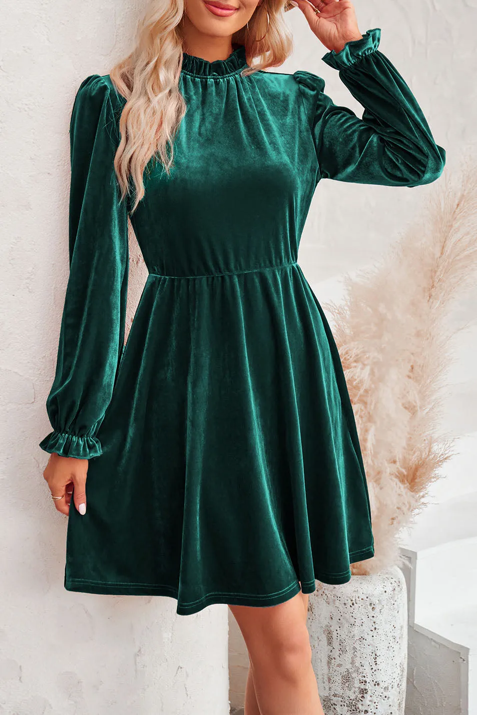 High collar velvet waisted lantern sleeve retro dress