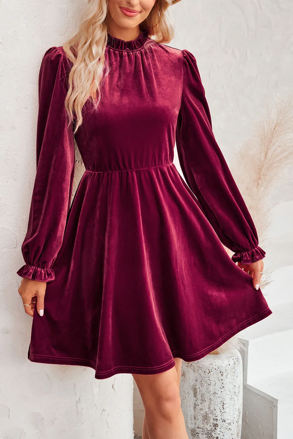 High collar velvet waisted lantern sleeve retro dress