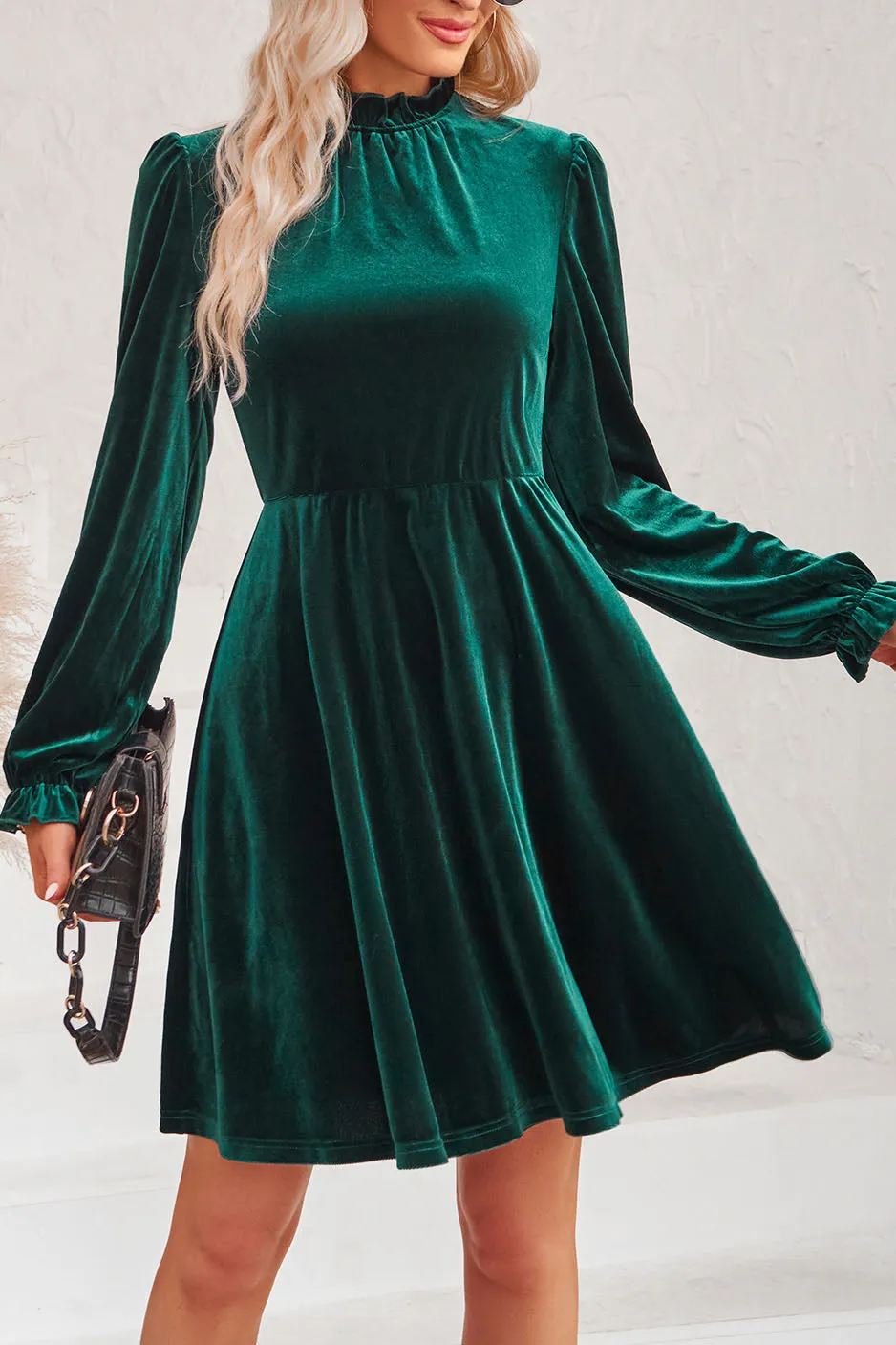 High collar velvet waisted lantern sleeve retro dress