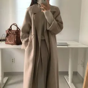 Hnewly Women Elegant Long Wool Coat With Belt Solid Color Long Sleeve Chic Outerwear Ladies Drop Shoulder Overcoat