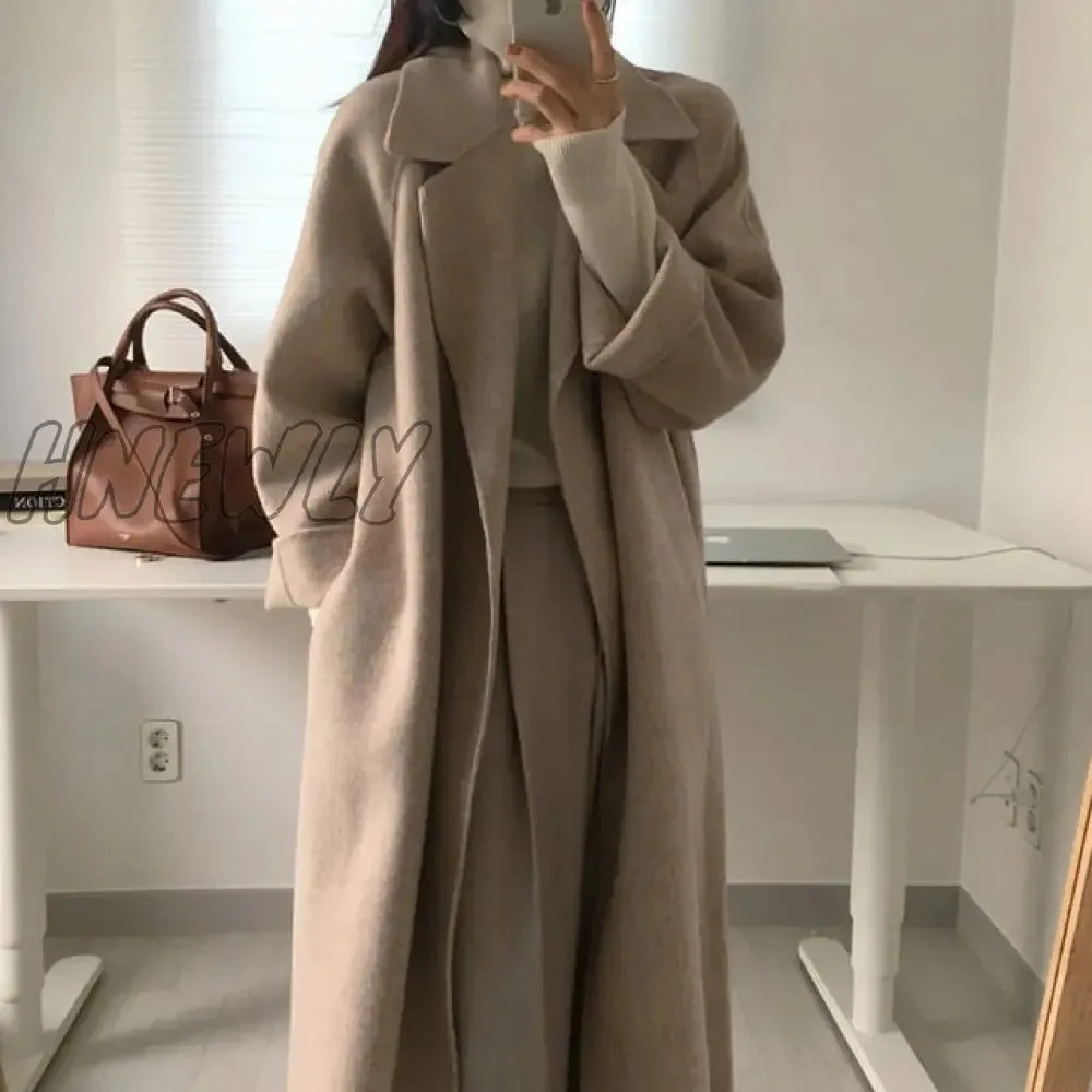 Hnewly Women Elegant Long Wool Coat With Belt Solid Color Long Sleeve Chic Outerwear Ladies Drop Shoulder Overcoat