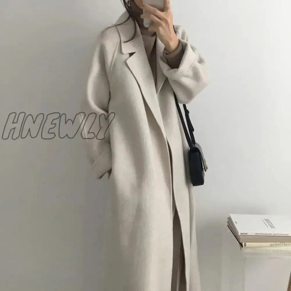 Hnewly Women Elegant Long Wool Coat With Belt Solid Color Long Sleeve Chic Outerwear Ladies Drop Shoulder Overcoat