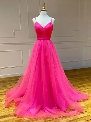 Hot Pink V-neckline Straps Cross Back Party Dress, Tulle Long Prom Dress