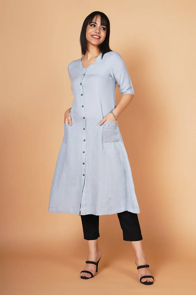 Ice Blue A-line Linen Kurta