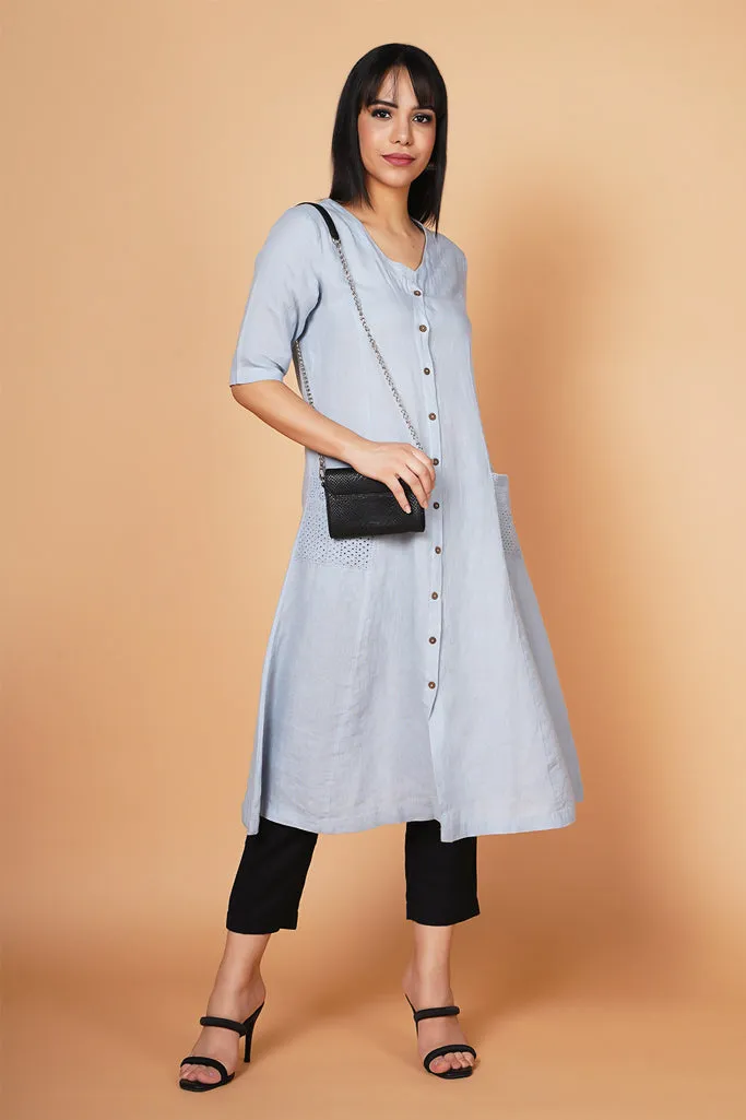 Ice Blue A-line Linen Kurta