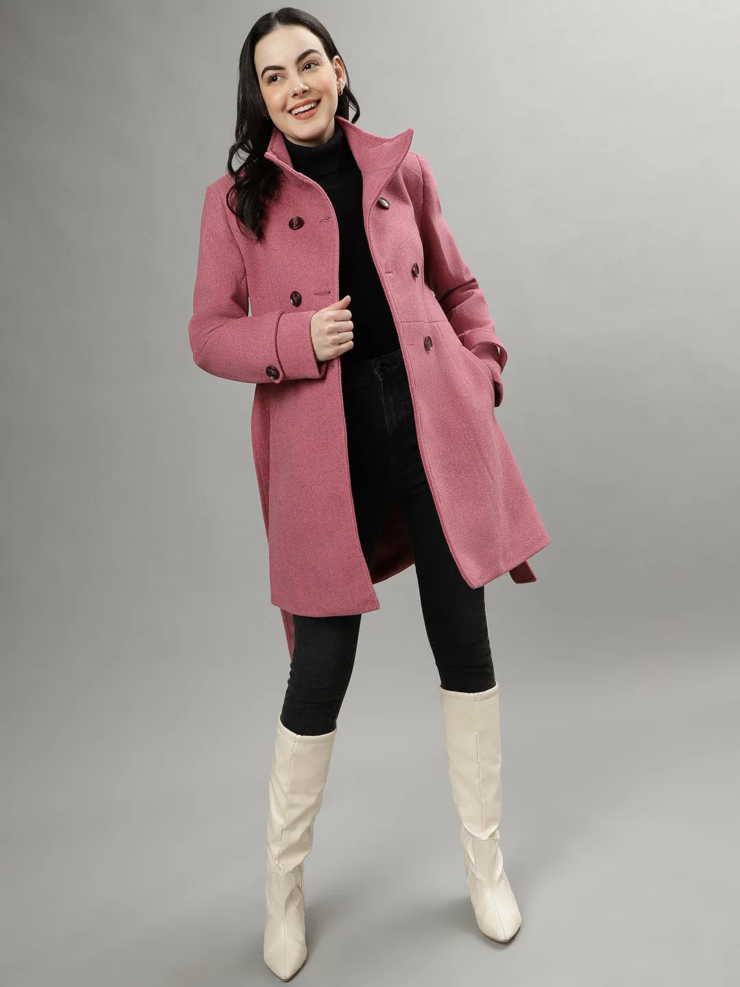 Iconic Women Pink Solid Spread Collar Full Sleeves Overcoat