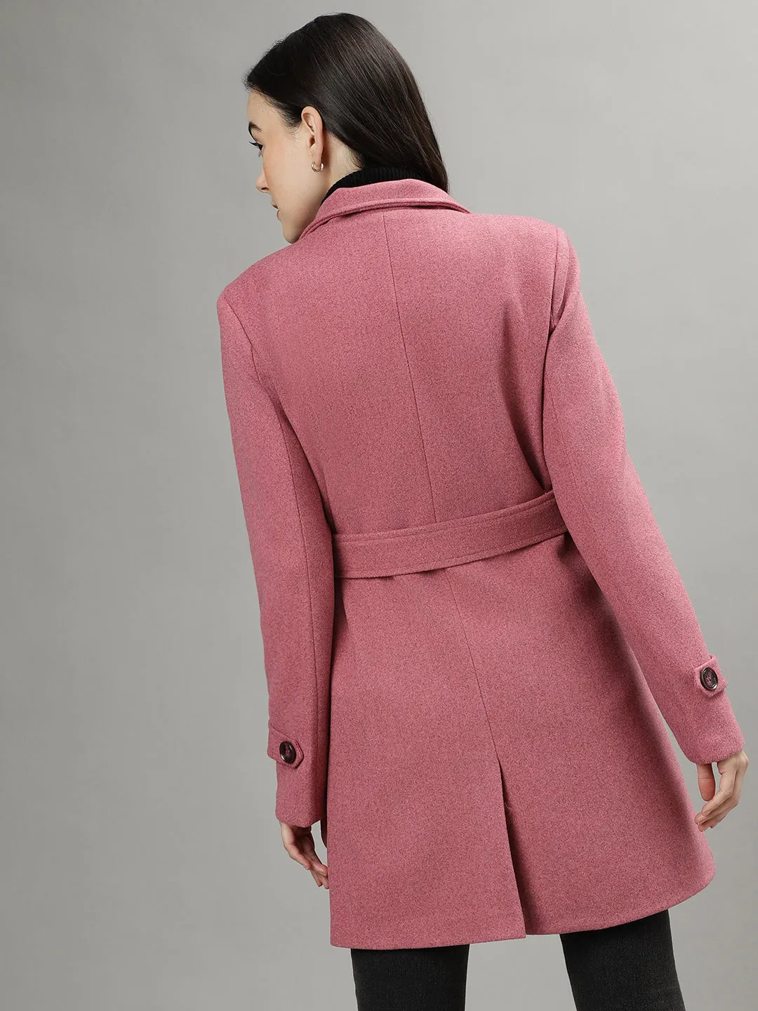 Iconic Women Pink Solid Spread Collar Full Sleeves Overcoat