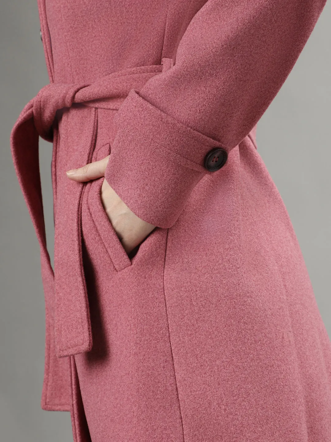 Iconic Women Pink Solid Spread Collar Full Sleeves Overcoat