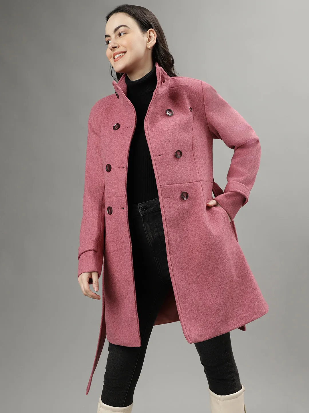 Iconic Women Pink Solid Spread Collar Long Sleeves Overcoat