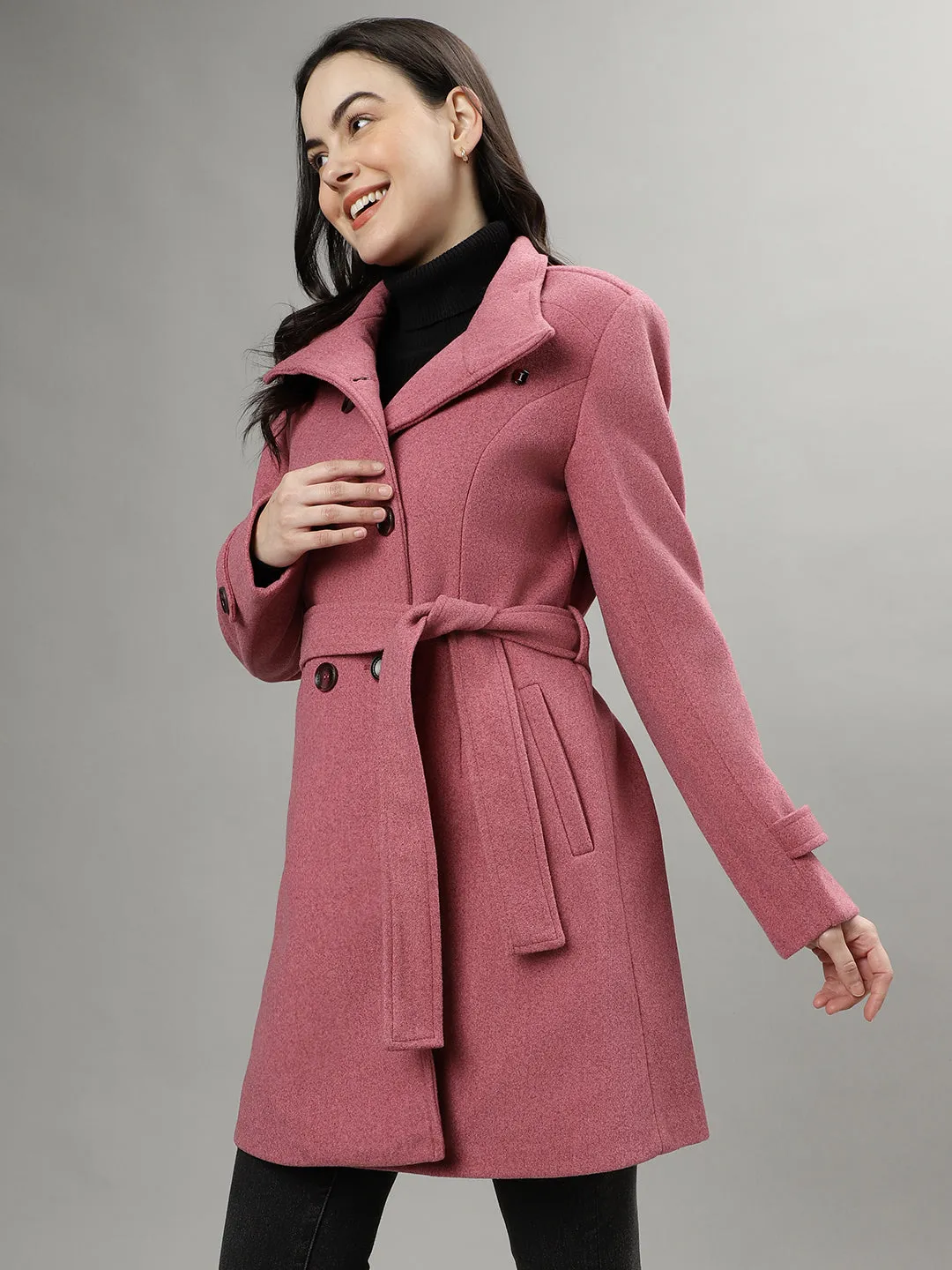 Iconic Women Pink Solid Spread Collar Long Sleeves Overcoat