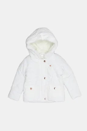 Infant Girls Ivory Padded Coat With Fur Hood