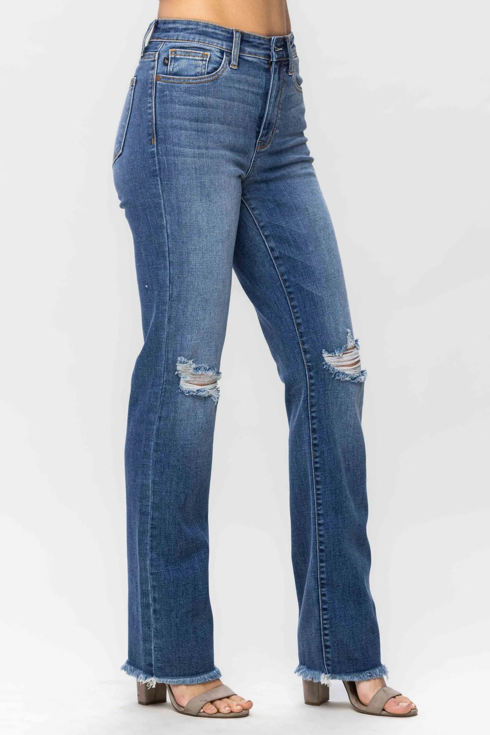 Judy Blue High Waist Knee Destroy & Fray Hem Straight Denim 82513 - Exclusive