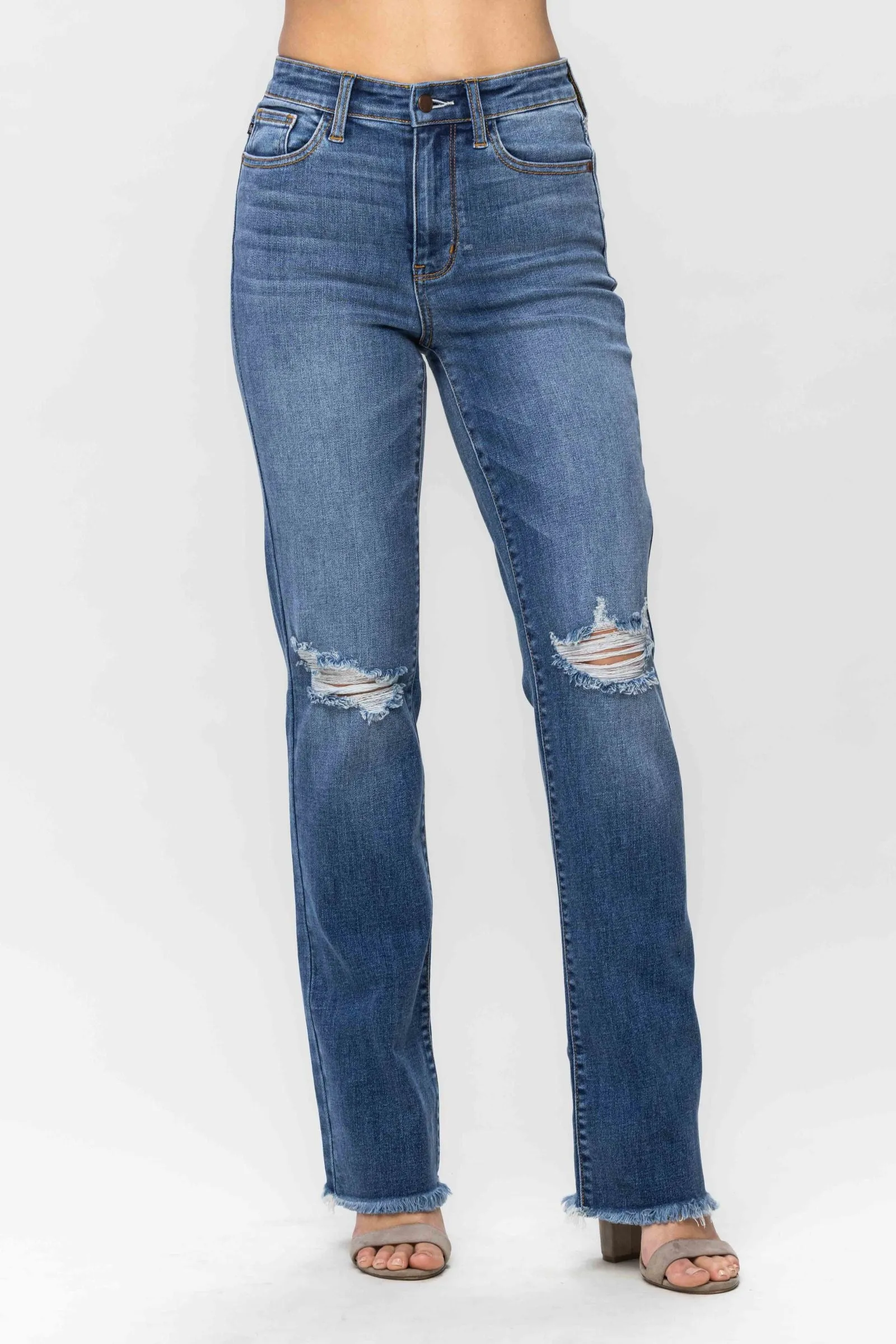 Judy Blue High Waist Knee Destroy & Fray Hem Straight Denim 82513 - Exclusive