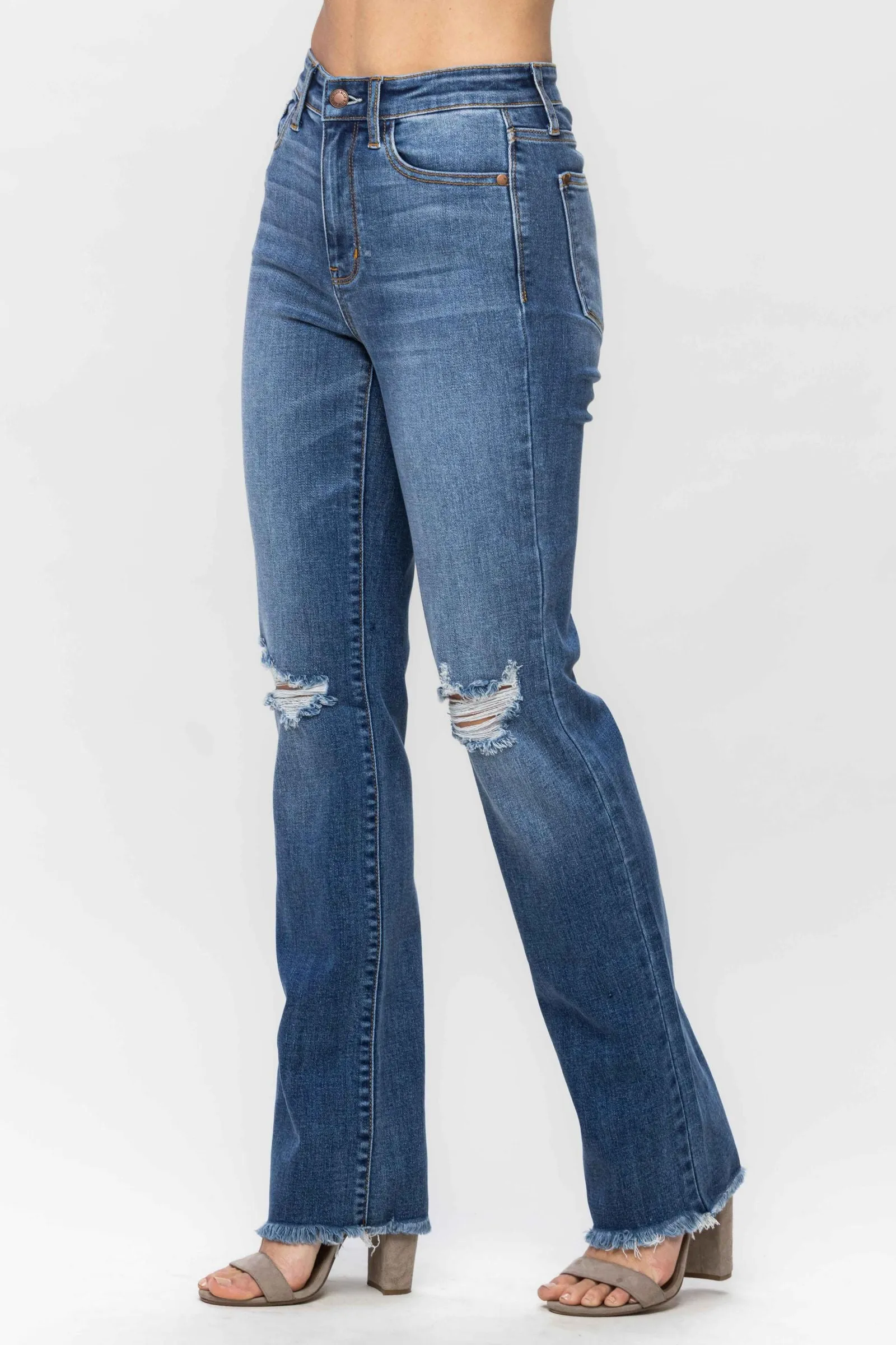 Judy Blue High Waist Knee Destroy & Fray Hem Straight Denim 82513 - Exclusive