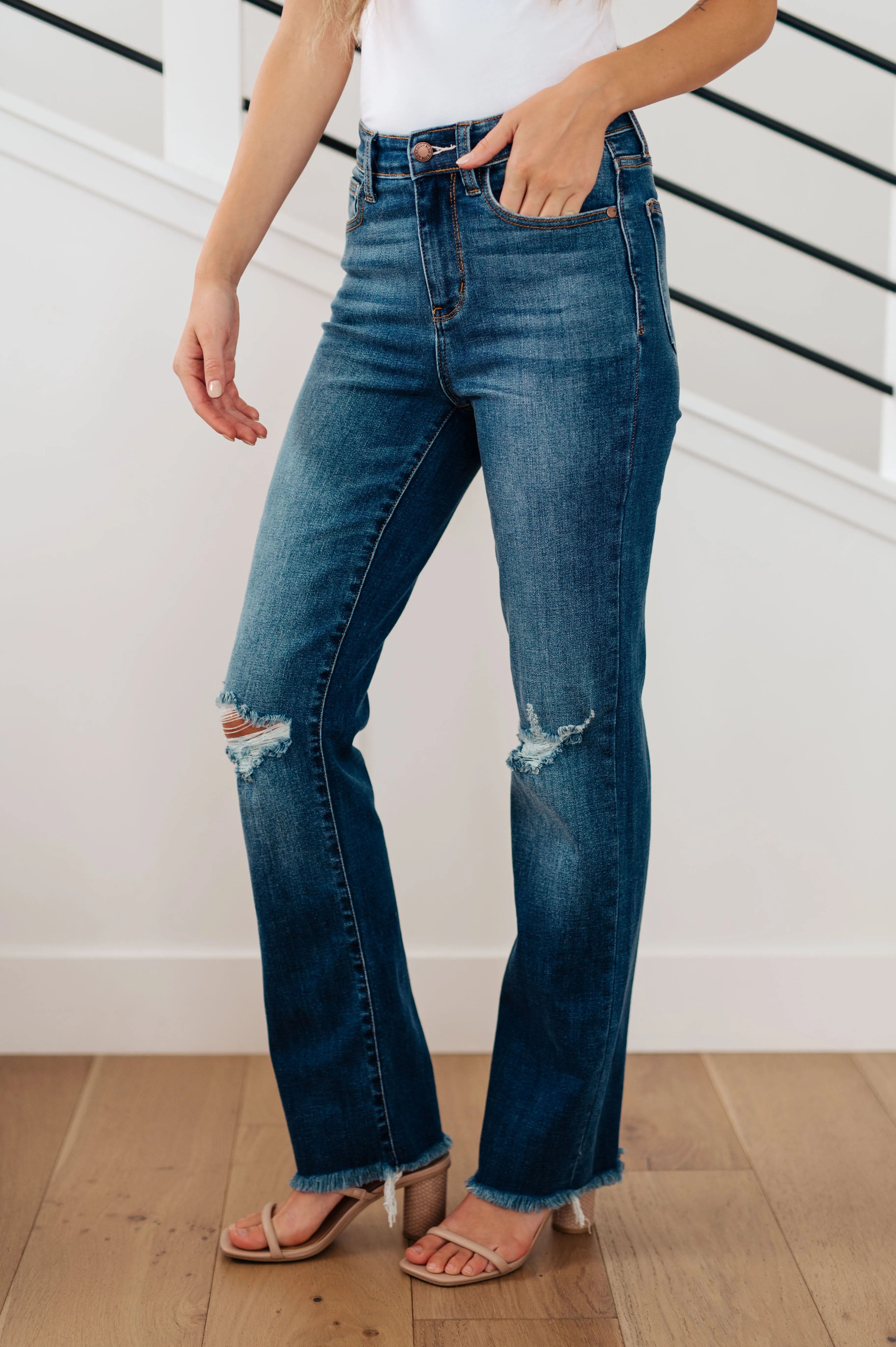 Judy Blue High Waist Knee Destroy & Fray Hem Straight Denim 82513 - Exclusive