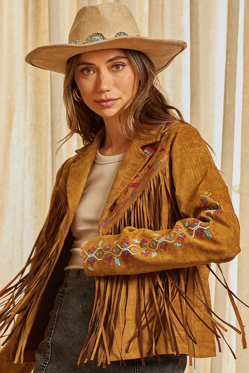 Ladies Savanna Jane Suede Fringe Camel Jacket - J10323-1