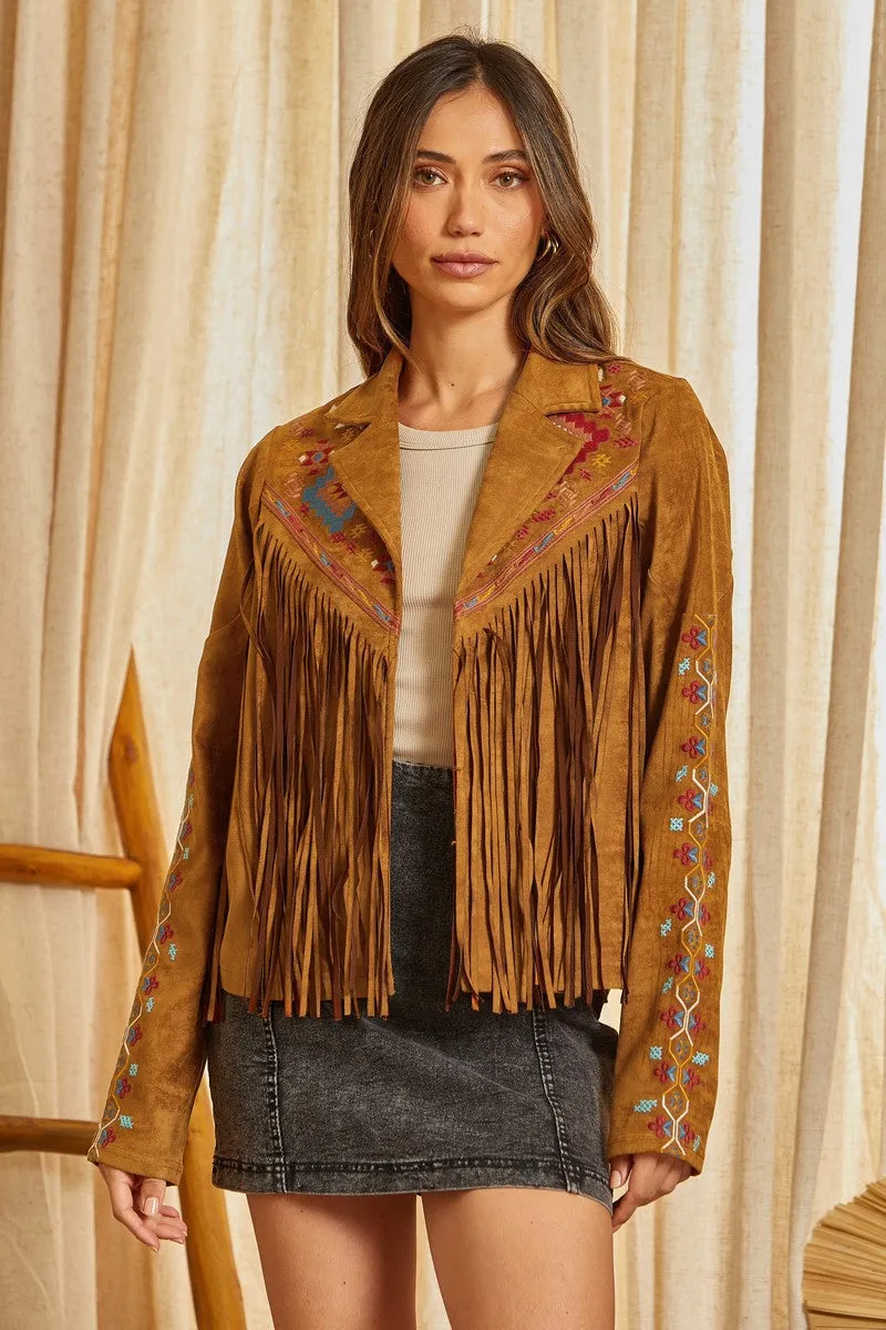 Ladies Savanna Jane Suede Fringe Camel Jacket - J10323-1