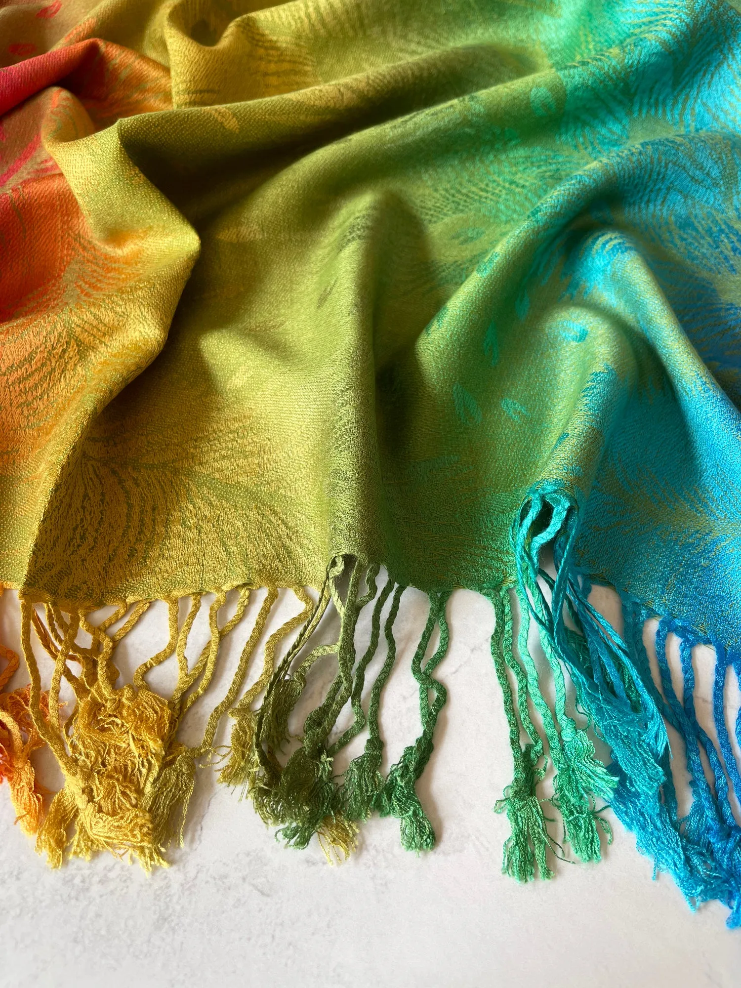 LARGE YELLOW RAINBOW FEATHER AND LEAF PRINT PASHMINA SHAWL SCARF