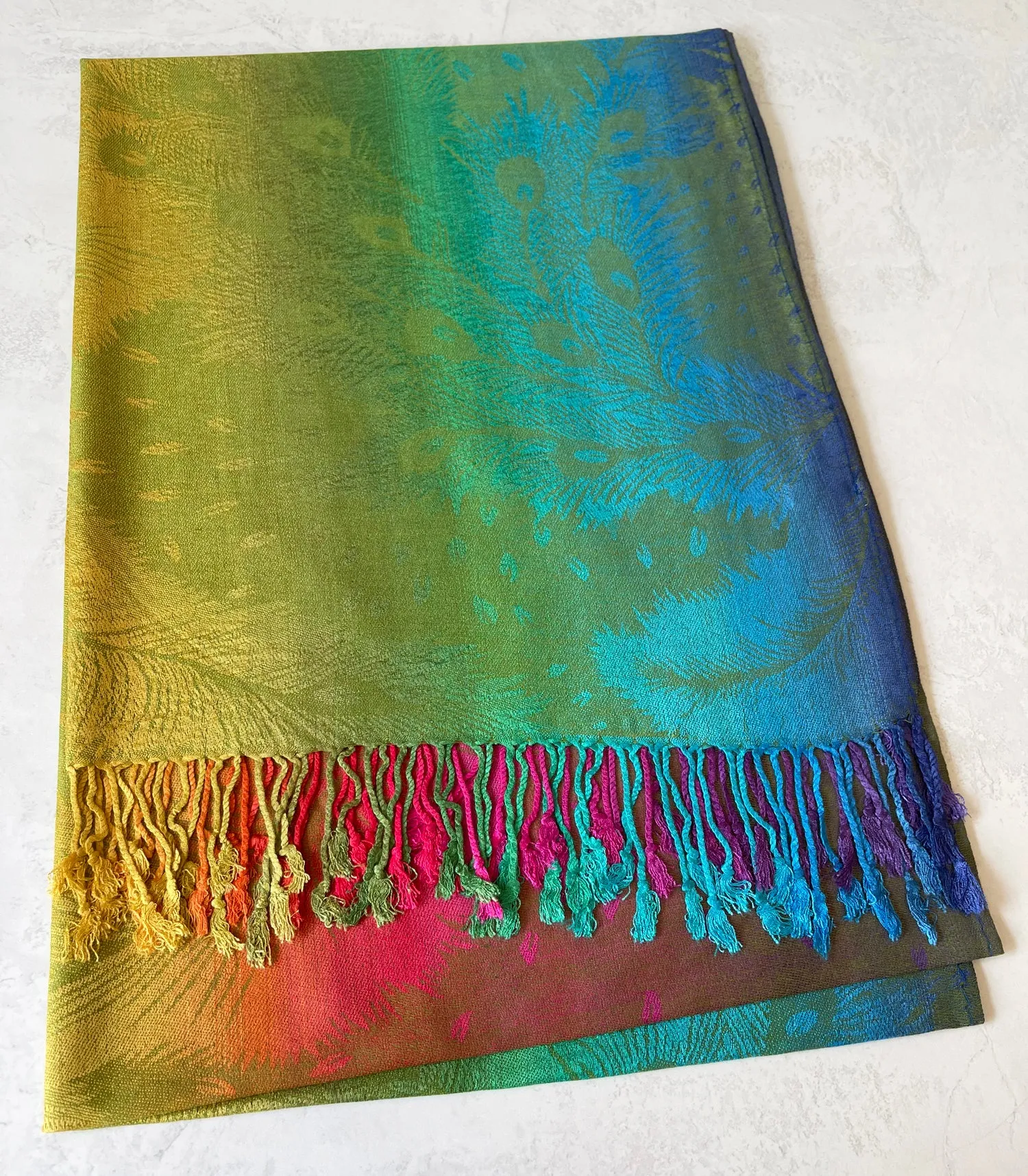 LARGE YELLOW RAINBOW FEATHER AND LEAF PRINT PASHMINA SHAWL SCARF