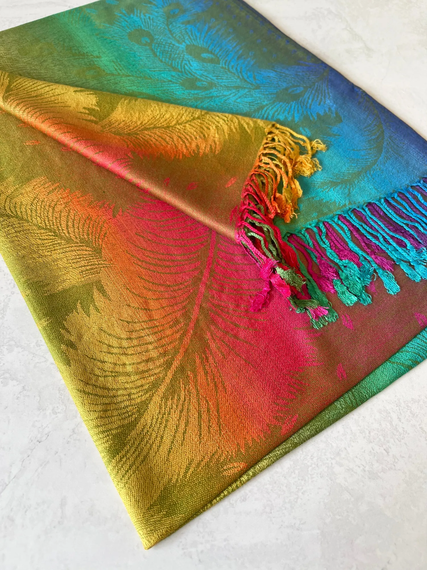 LARGE YELLOW RAINBOW FEATHER AND LEAF PRINT PASHMINA SHAWL SCARF