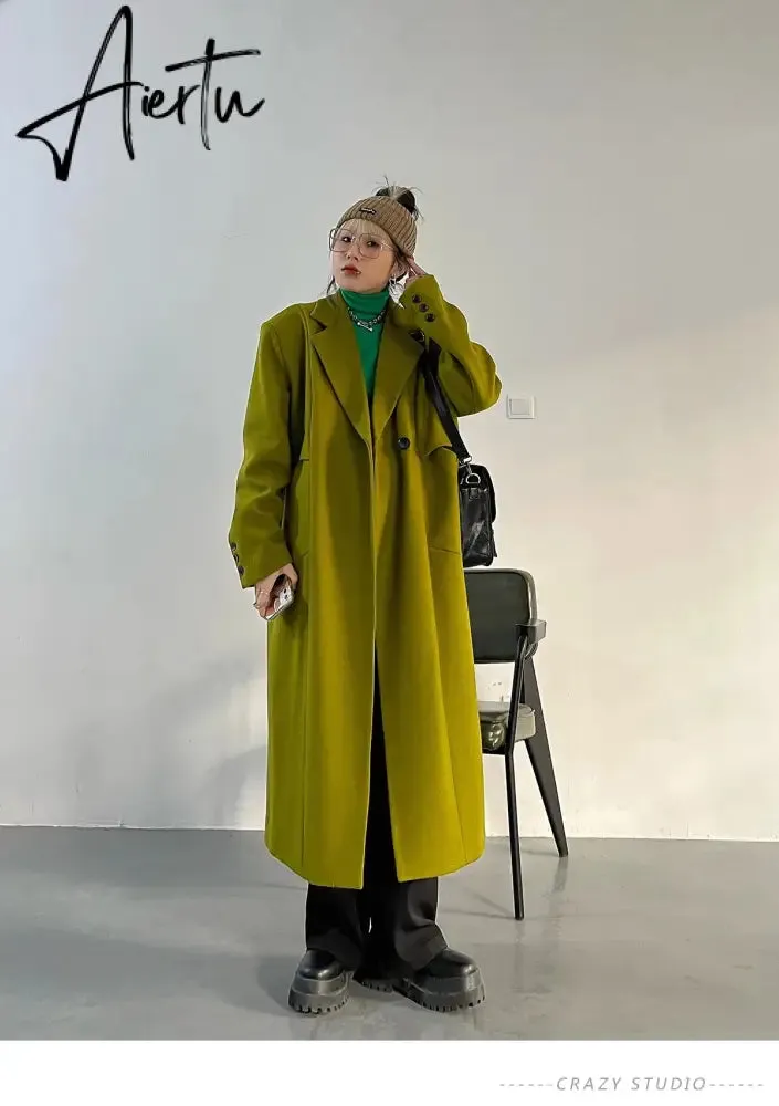 Lautaro Spring Autumn Long Green Oversized Trench Coat for Women Single Button Loose Luxury Casual Overcoat Korean Fashion