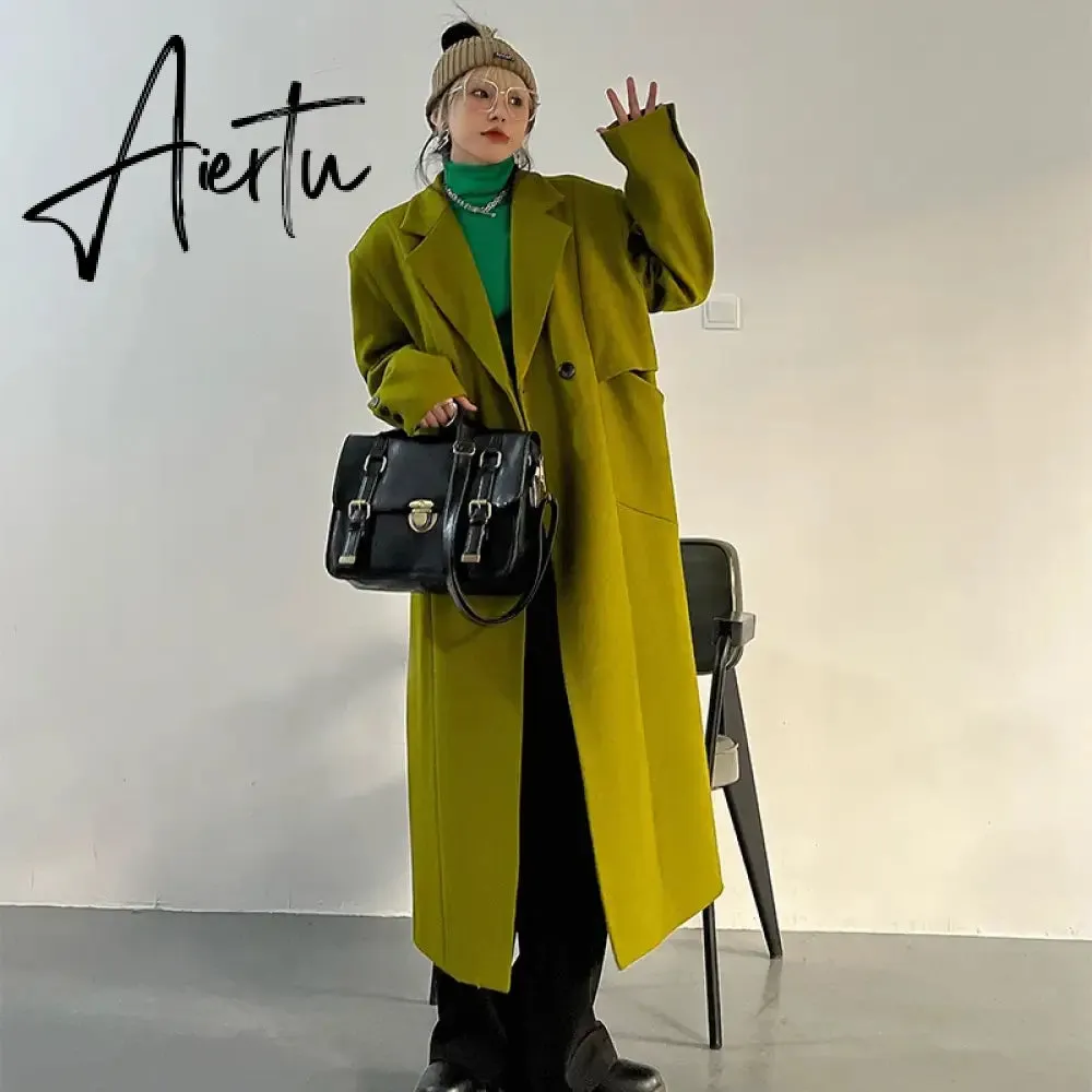 Lautaro Spring Autumn Long Green Oversized Trench Coat for Women Single Button Loose Luxury Casual Overcoat Korean Fashion