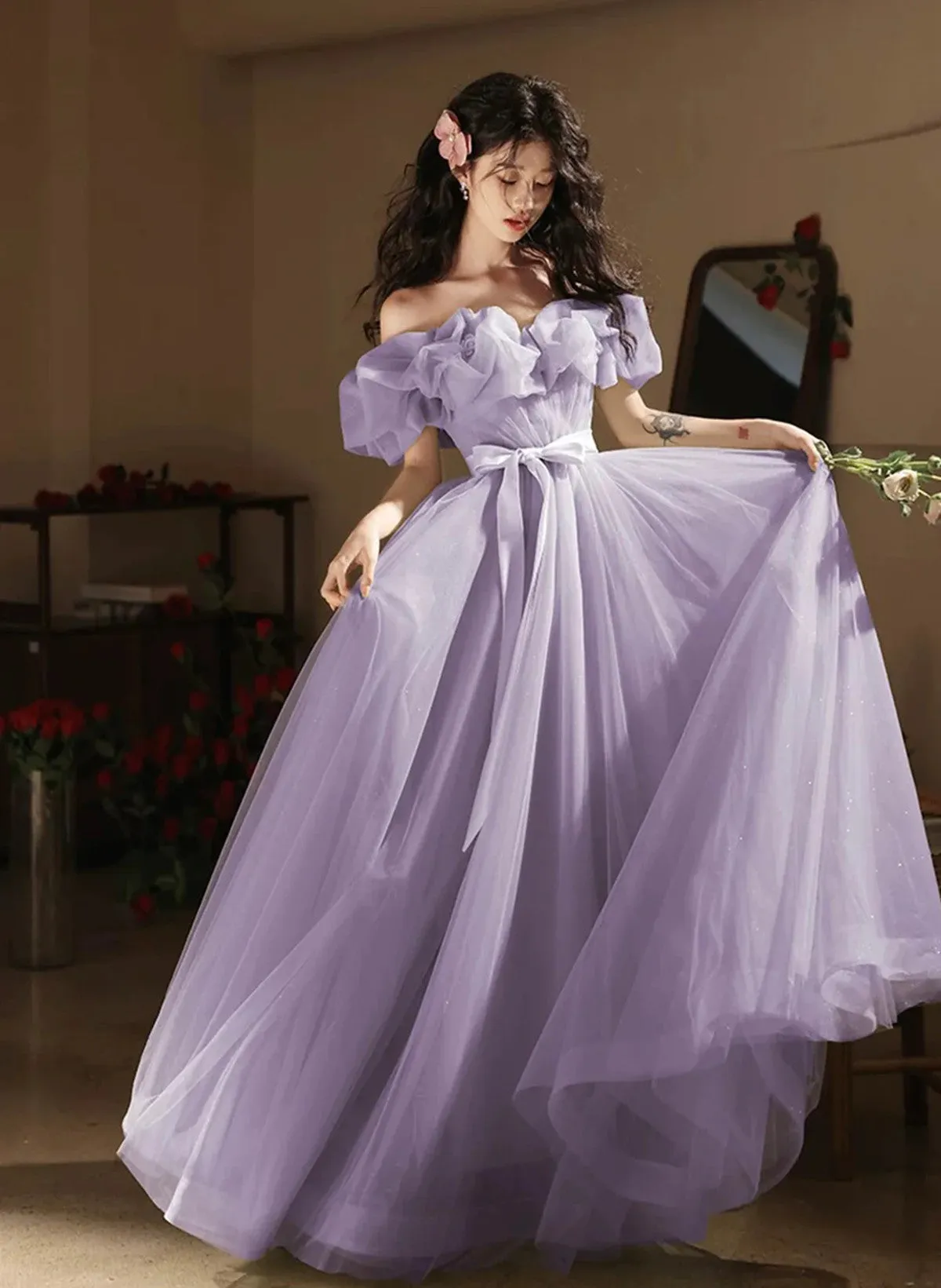 Lavender Tulle Off Shoulder A-line Long Prom Dress, Lavender Evening Dress