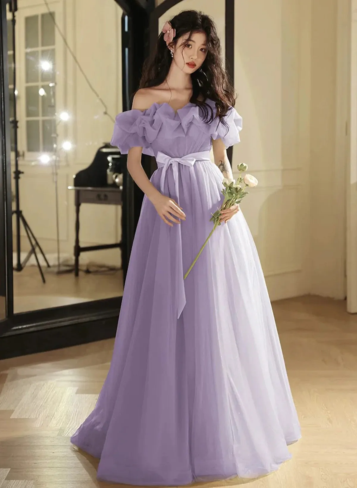 Lavender Tulle Off Shoulder A-line Long Prom Dress, Lavender Evening Dress