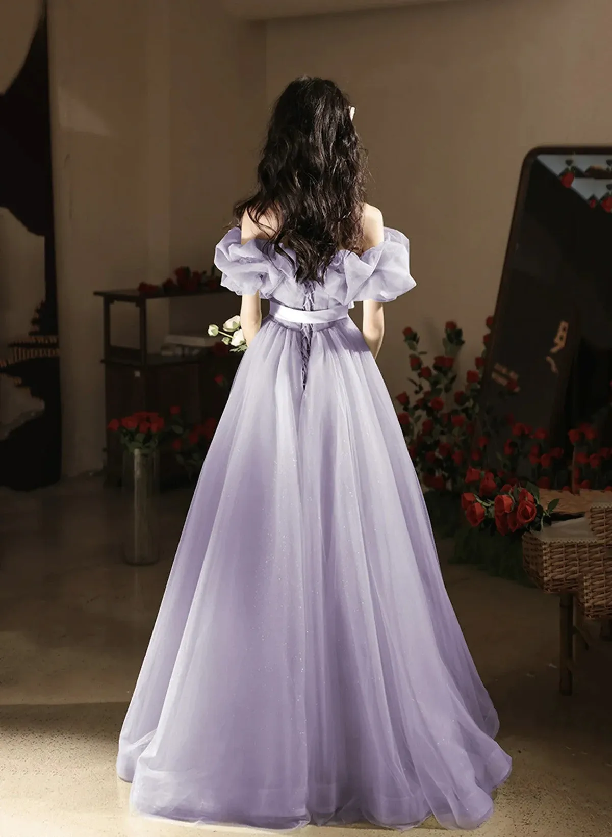 Lavender Tulle Off Shoulder A-line Long Prom Dress, Lavender Evening Dress