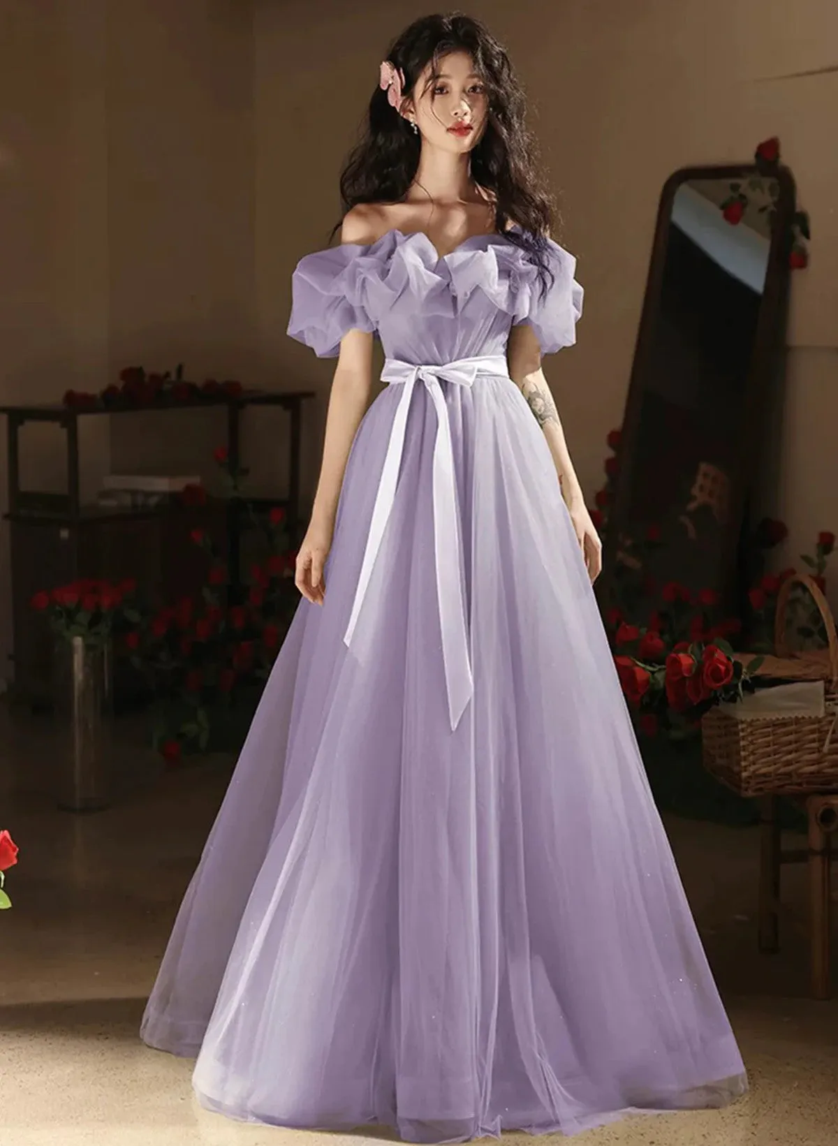 Lavender Tulle Off Shoulder A-line Long Prom Dress, Lavender Evening Dress