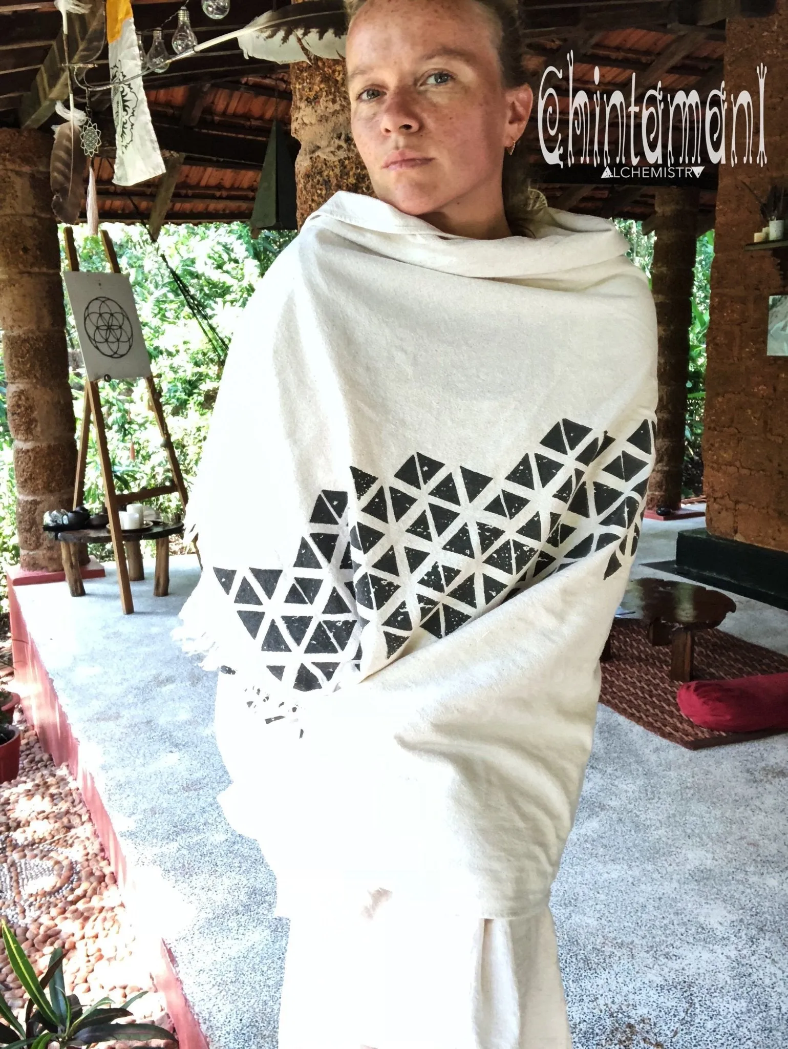 Long Boho Cotton Wrap Shawl / Autumn Scarf for Women / Atua White & Black