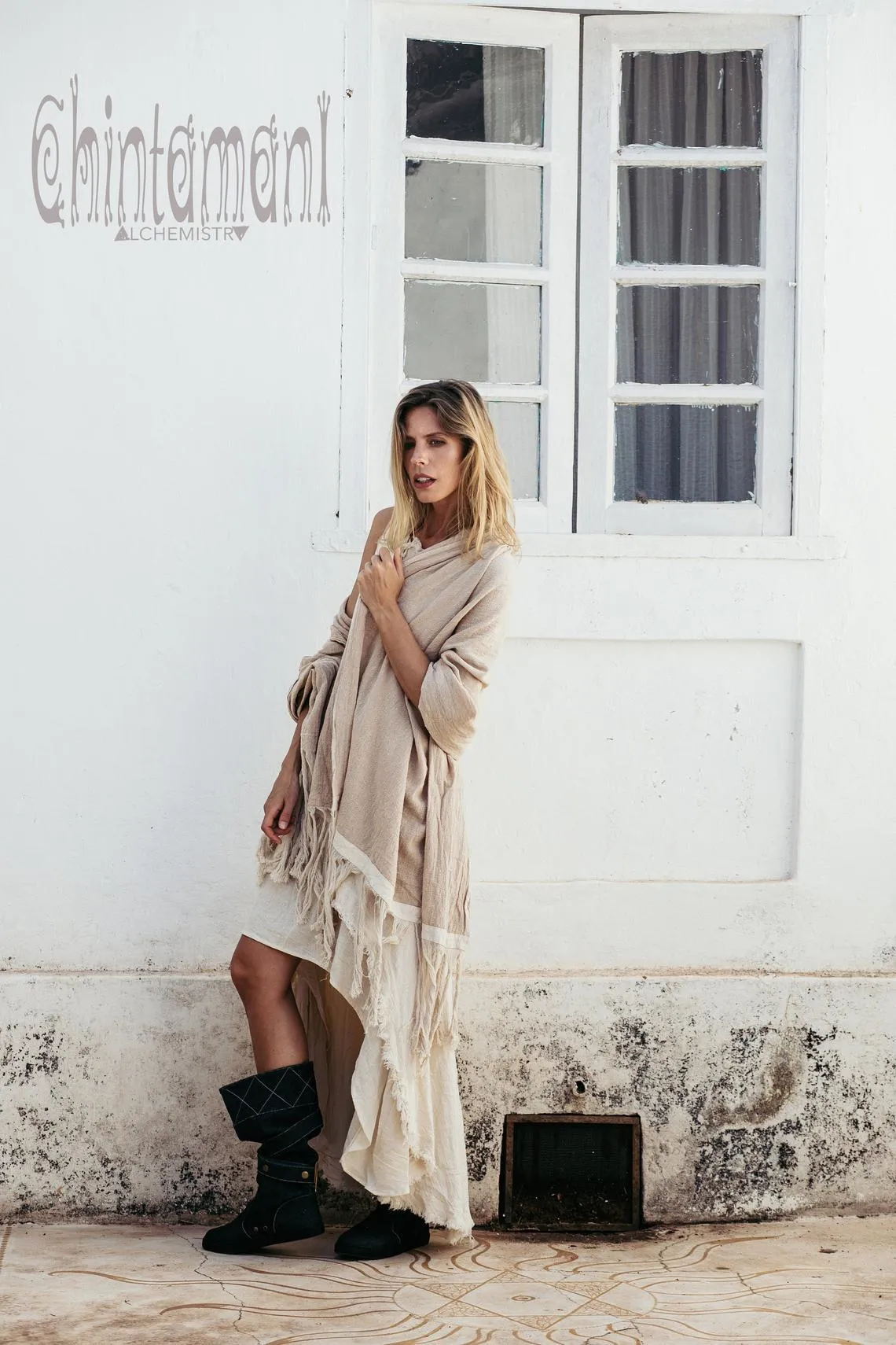 Long Fringe Boho Shawl / Bohemian Scarf Wrap / Beige