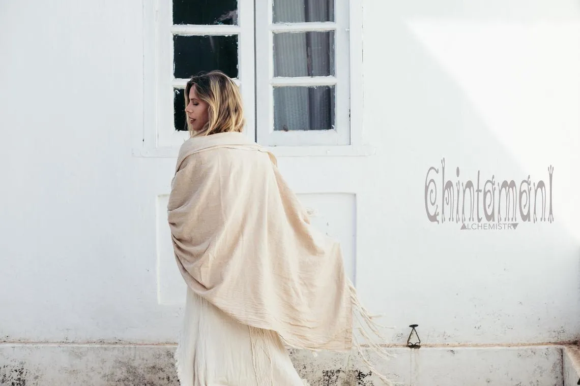 Long Fringe Boho Shawl / Bohemian Scarf Wrap / Beige