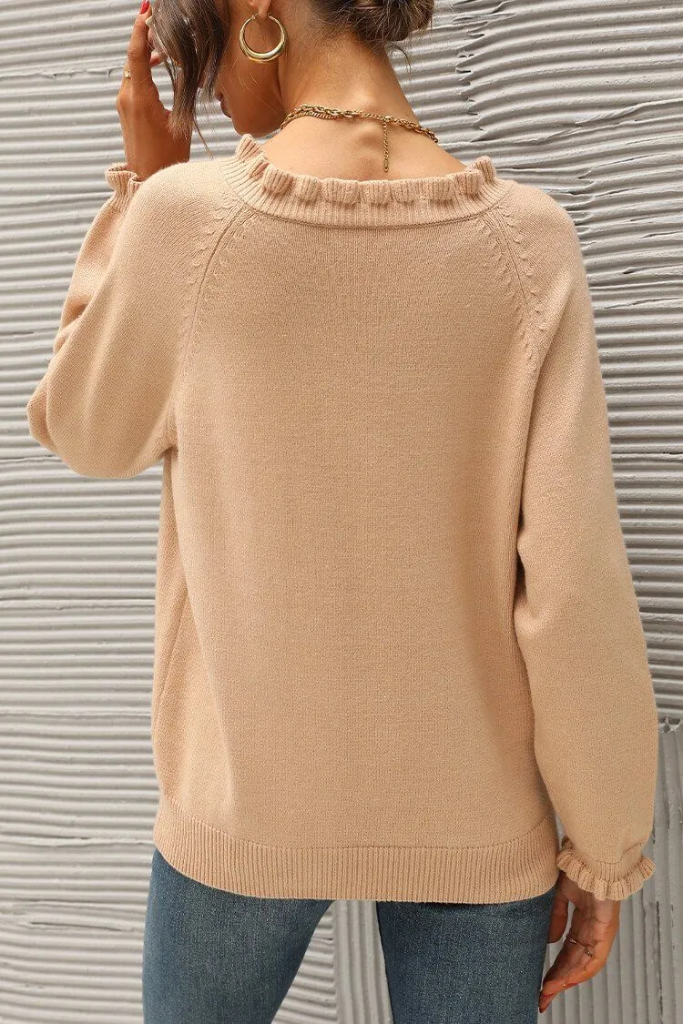 Long Sleeve Button Down Ruffle Knit Pullover Sweater Tops