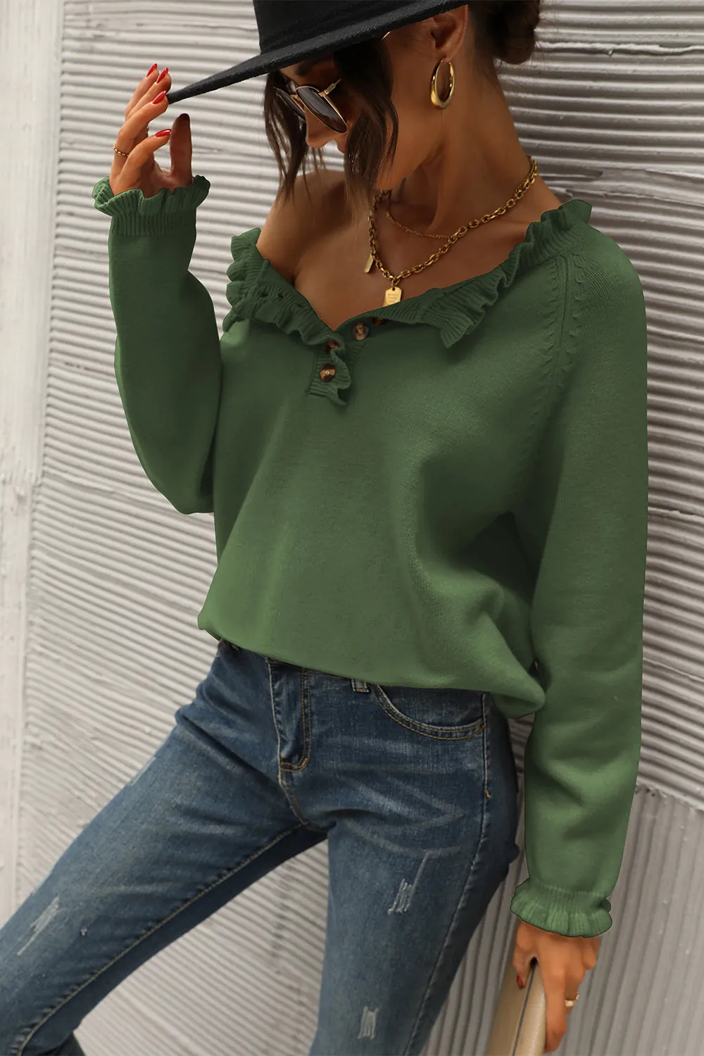 Long Sleeve Button Down Ruffle Knit Pullover Sweater Tops