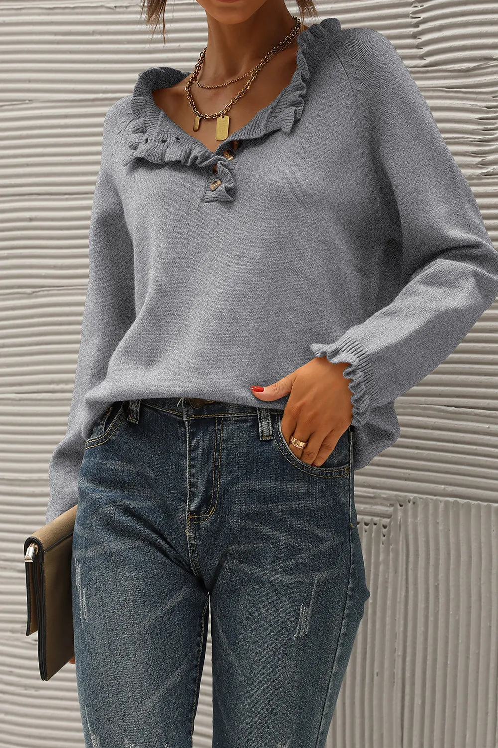 Long Sleeve Button Down Ruffle Knit Pullover Sweater Tops