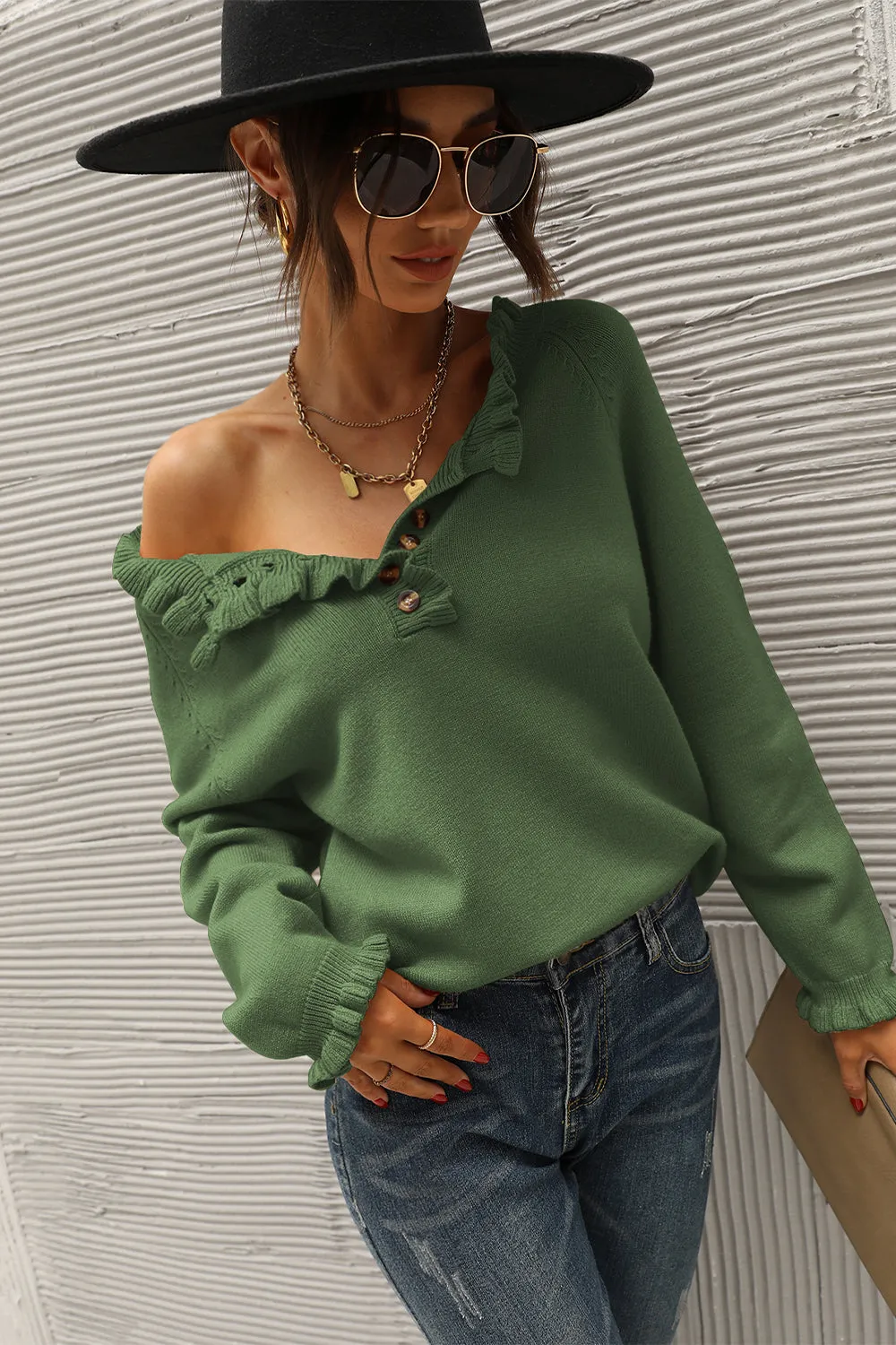 Long Sleeve Button Down Ruffle Knit Pullover Sweater Tops