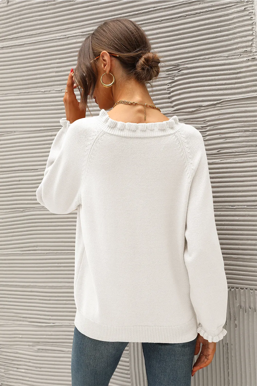 Long Sleeve Button Down Ruffle Knit Pullover Sweater Tops