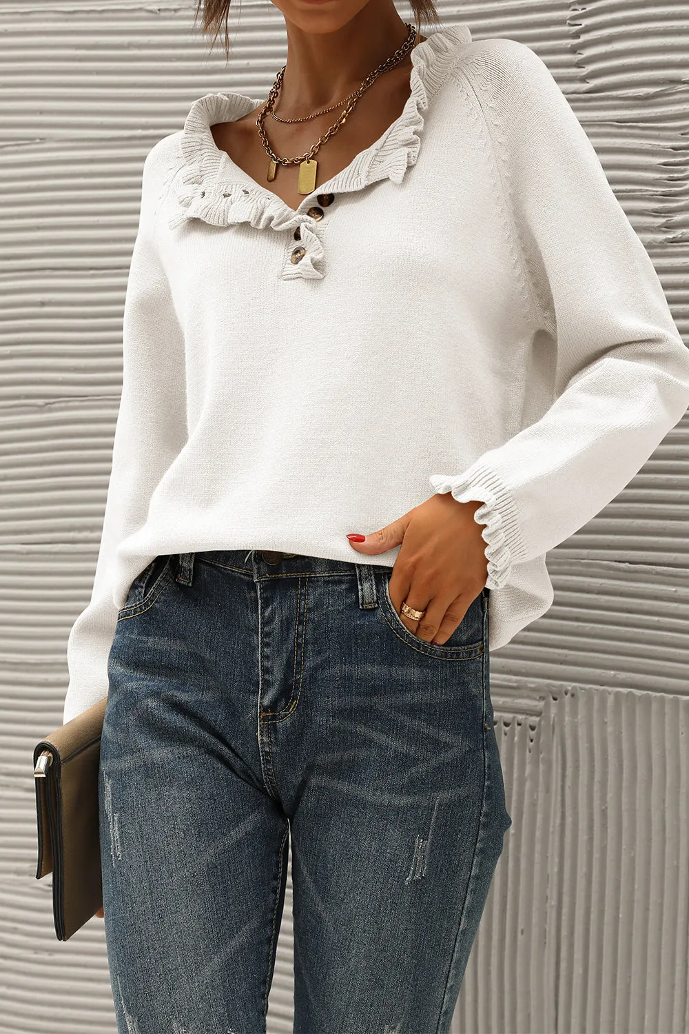 Long Sleeve Button Down Ruffle Knit Pullover Sweater Tops