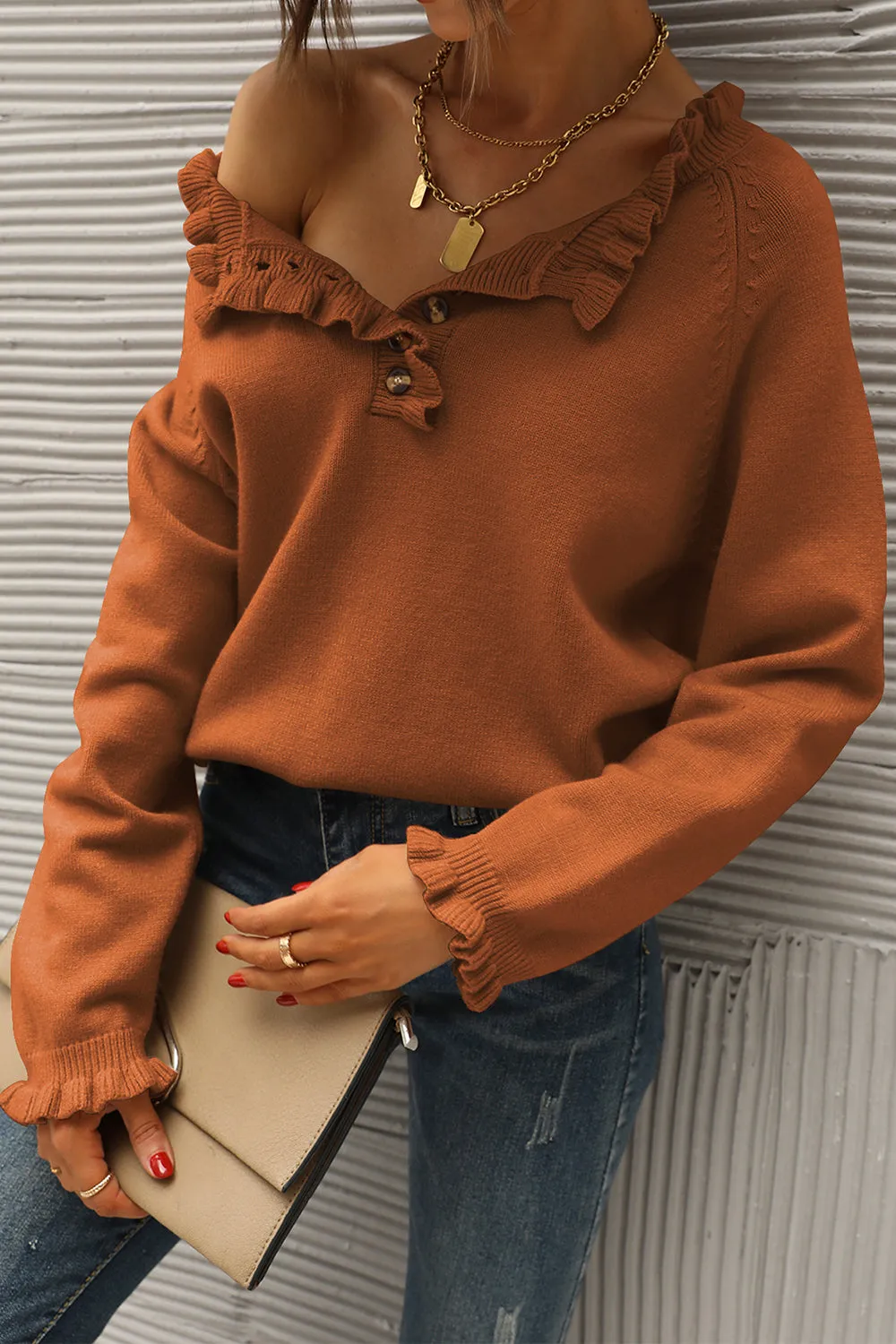 Long Sleeve Button Down Ruffle Knit Pullover Sweater Tops