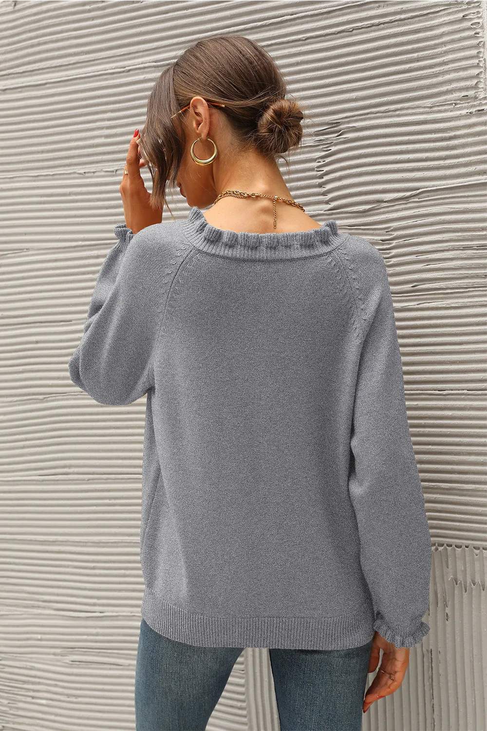 Long Sleeve Button Down Ruffle Knit Pullover Sweater Tops