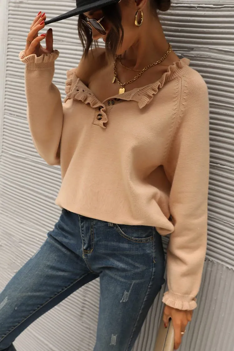 Long Sleeve Button Down Ruffle Knit Pullover Sweater Tops