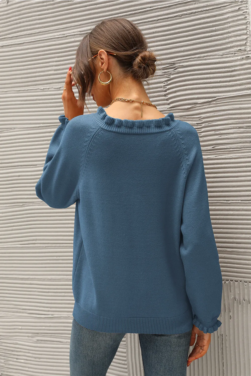 Long Sleeve Button Down Ruffle Knit Pullover Sweater Tops