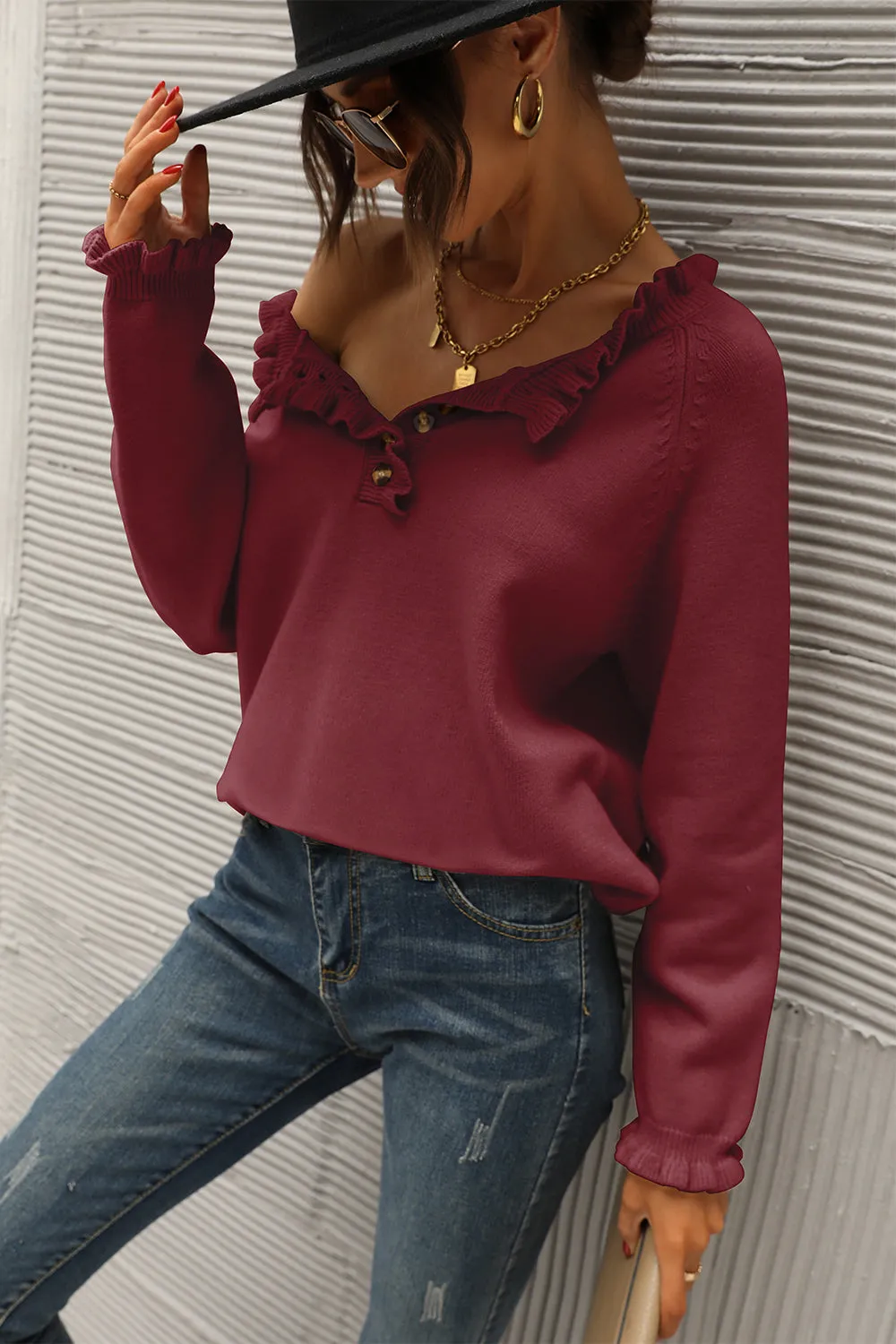 Long Sleeve Button Down Ruffle Knit Pullover Sweater Tops