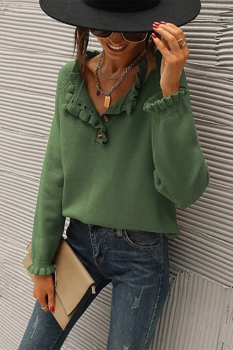 Long Sleeve Button Down Ruffle Knit Pullover Sweater Tops