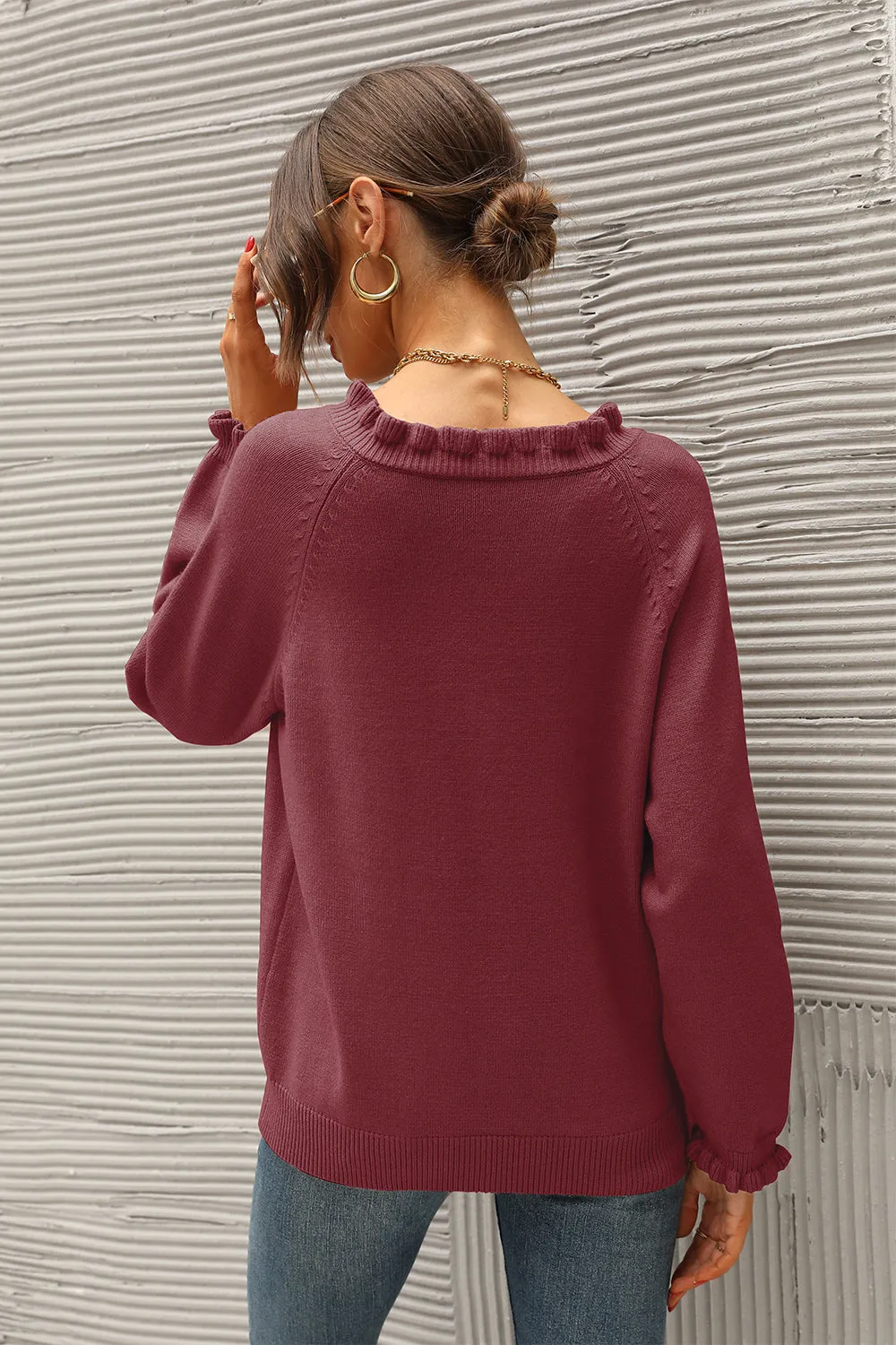 Long Sleeve Button Down Ruffle Knit Pullover Sweater Tops