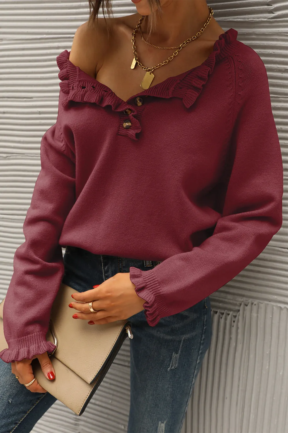 Long Sleeve Button Down Ruffle Knit Pullover Sweater Tops