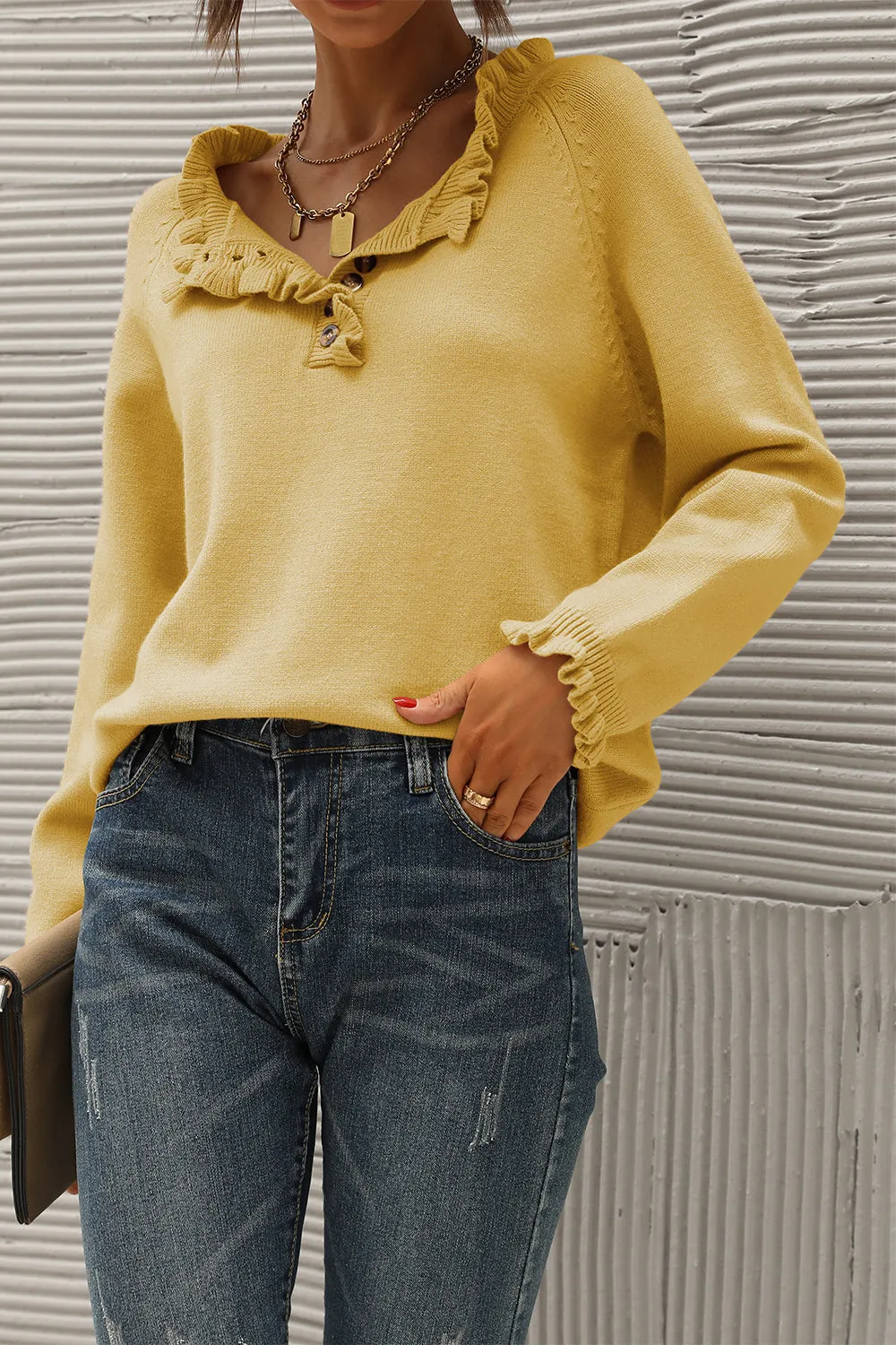 Long Sleeve Button Down Ruffle Knit Pullover Sweater Tops