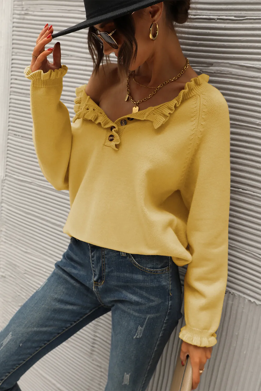 Long Sleeve Button Down Ruffle Knit Pullover Sweater Tops